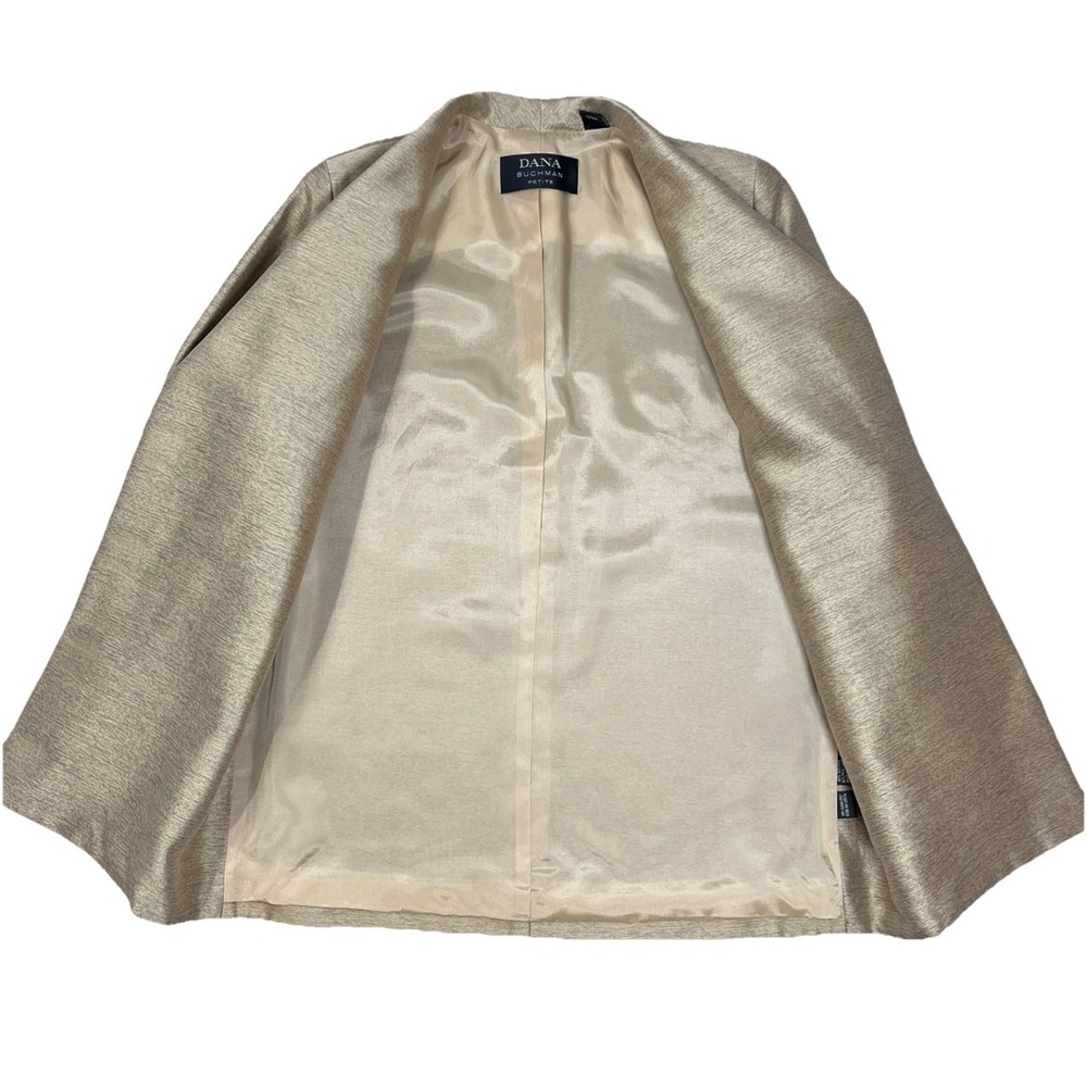 Dana‎ Buchman Open Front Gold Silk Wool Textured Weave Blazer Jacket Petite 4 - Picture 5 of 13